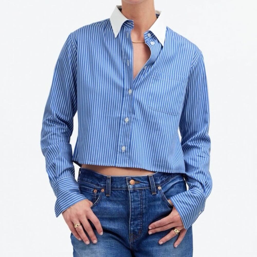 Madewell Relaxed Cropped Button-Up Shirt Deep Blue White Stripe Size Large NWT